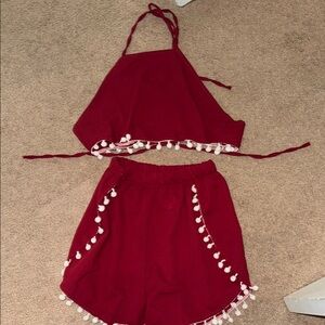 Red Halter Top and Shorts Set with Pom Pom Trim